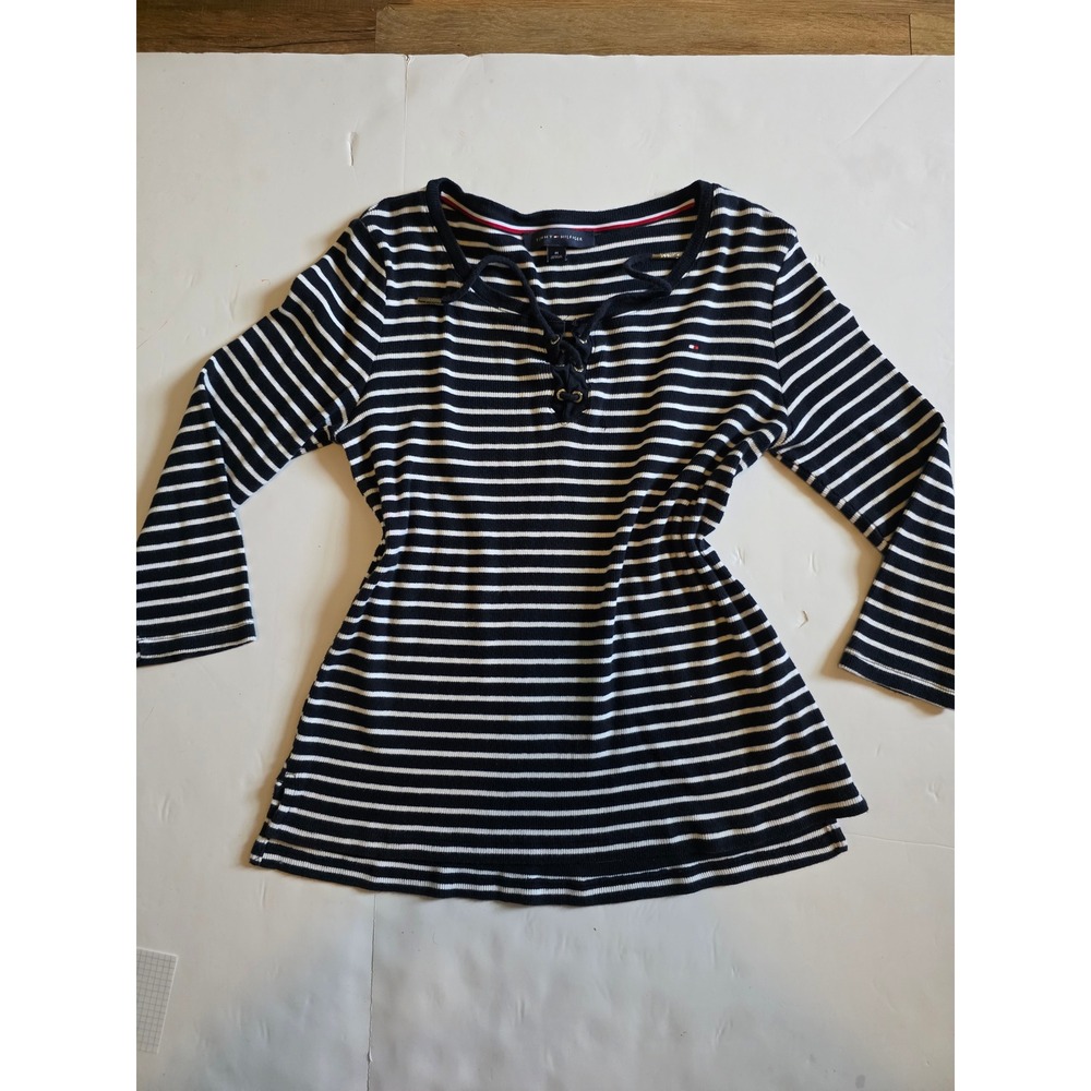 Tommy Hilfiger Striped Lace Up Ribbed Preppy Navy White Nautical Long Sleeve M